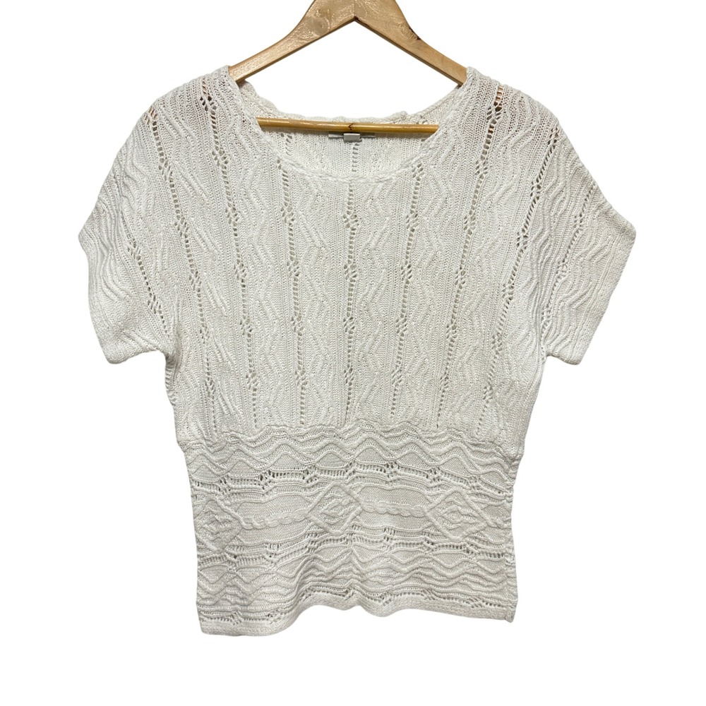 Coldwater Creek Crochet Open Knit Sweater Top M White Pointelle Short Sleeve